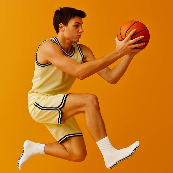 Guy in mid-air wearing Osterlo's basketball grip socks